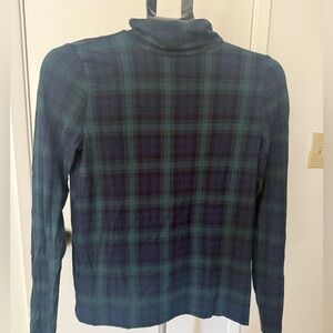 LOFT Black and Dark Green Plaid Turtleneck Top
